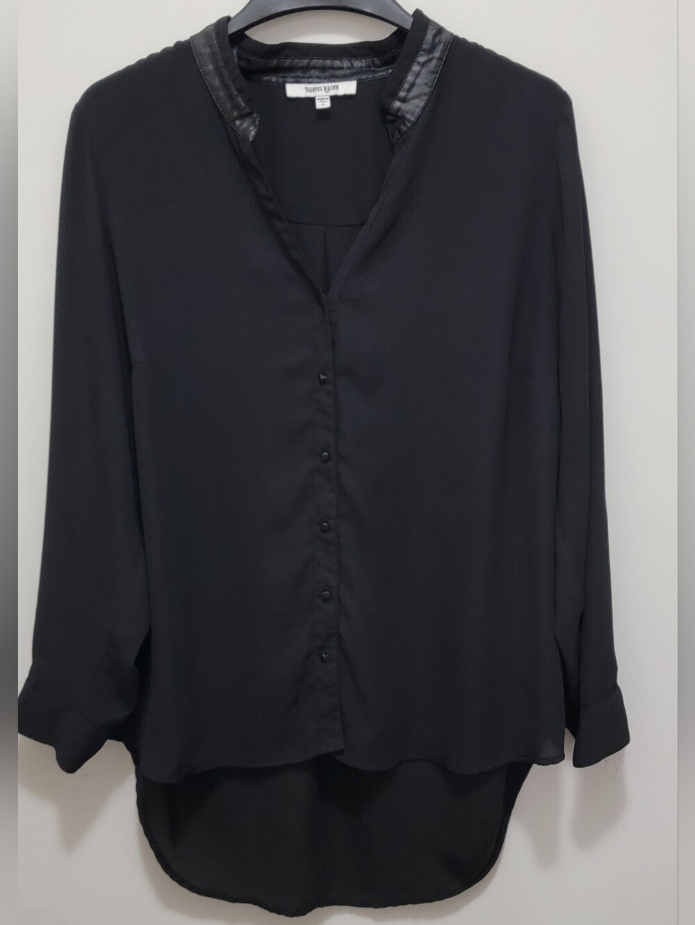 Daniel Rainn Sheer Blouse  Sz 1X Faux Leather Collar High/ Low P/P 17" Black